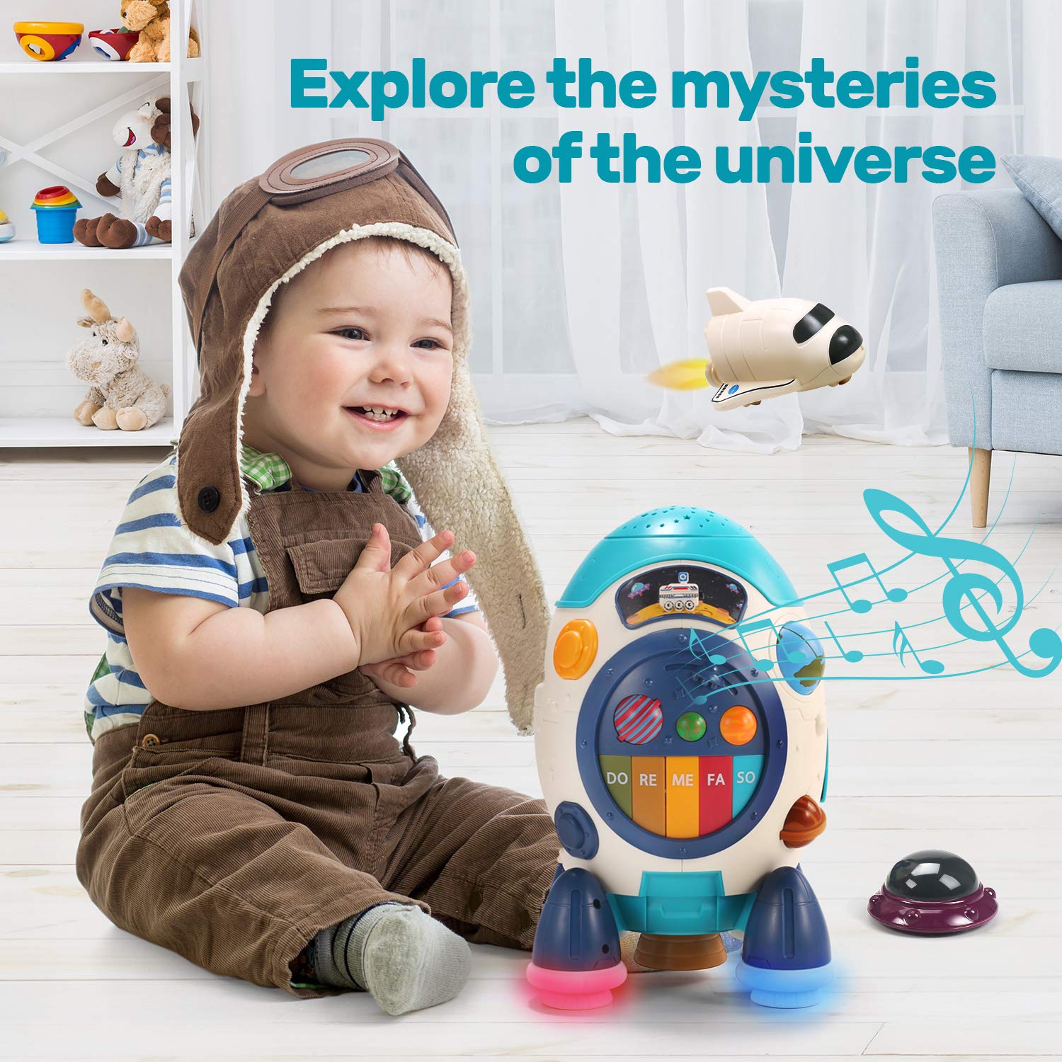 CUTE STONE Children's Multiple Activity Toys, Musical Toy, Electronic Toy W/ Lights & Sounds, Play Drum, Piano Music Key, Detachable Toy Space Shuttle, Astronaut