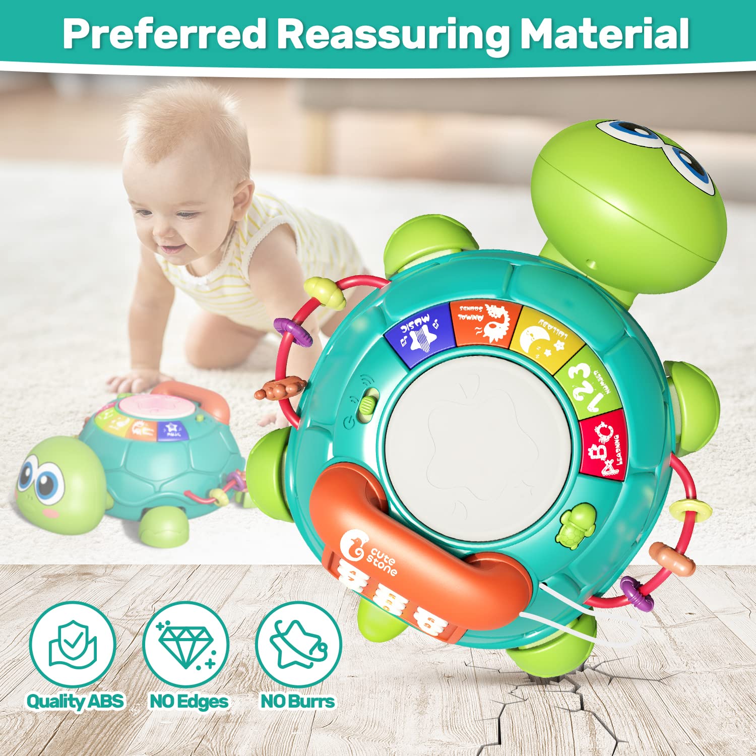 CUTE STONE Electric Action Toys, Baby Toys 6 to 12 Months, Musical Turtle Crawling Baby Toys for 12-18 Months, Early Learning Educational Toy with Light & Sound