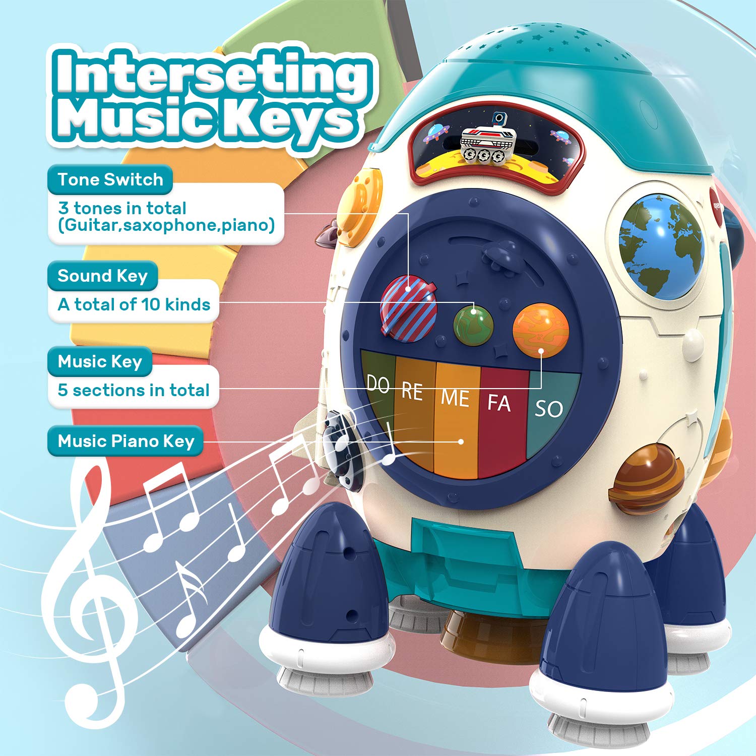 CUTE STONE Children's Multiple Activity Toys, Musical Toy, Electronic Toy W/ Lights & Sounds, Play Drum, Piano Music Key, Detachable Toy Space Shuttle, Astronaut