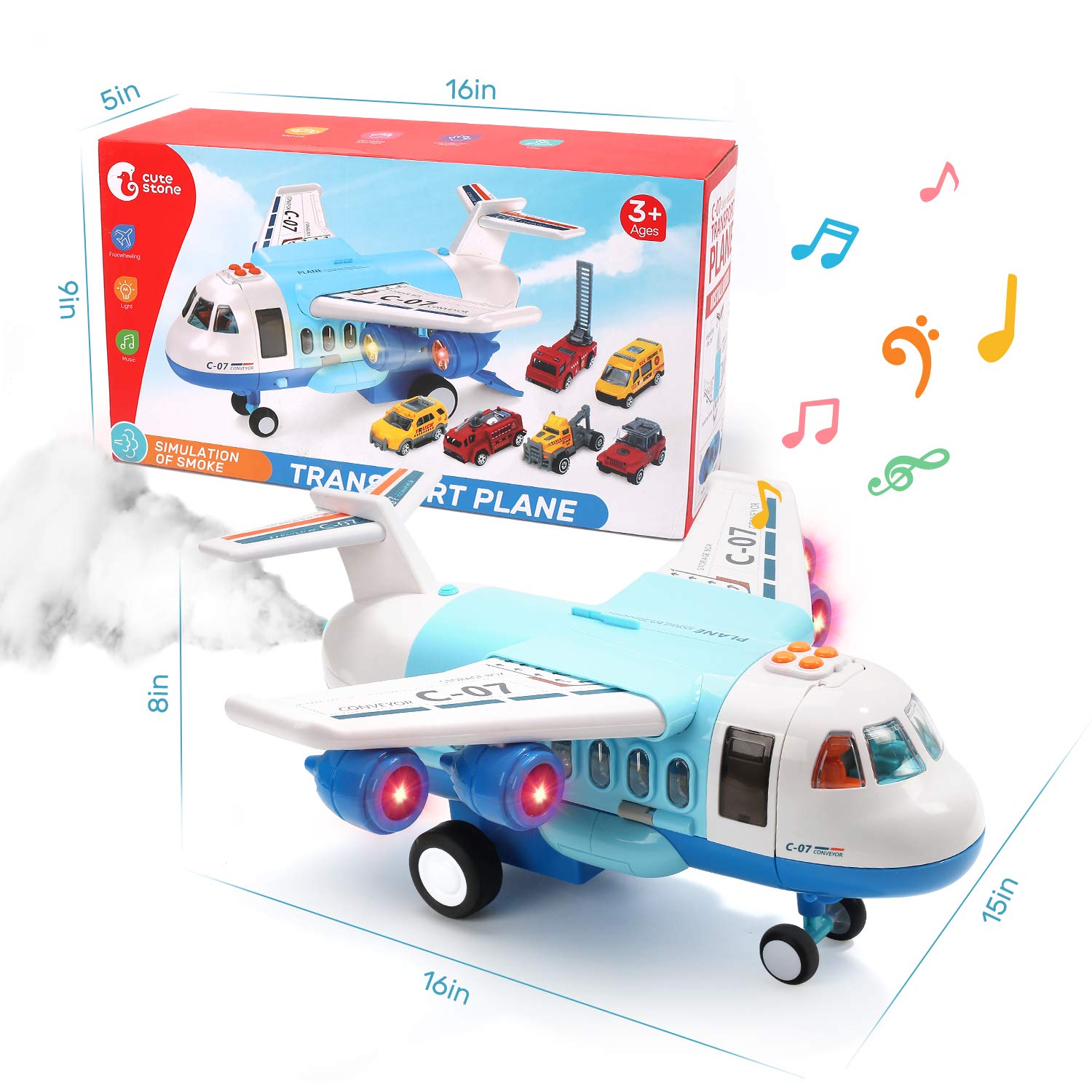 CUTE STONE Toy Airplanes, Toy Airplane with Smoke, Lights & Sounds, Friction Powered Plane Toy with Mini Cars for Kids