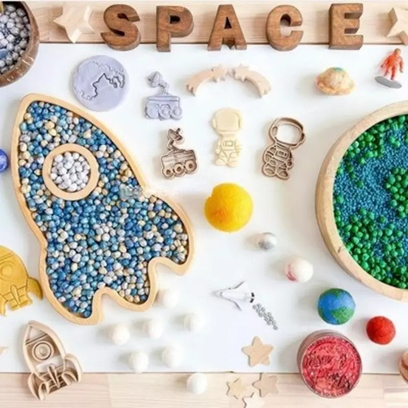 Wooden Spaceship Sensory Play Tray - Open ended wooden toys