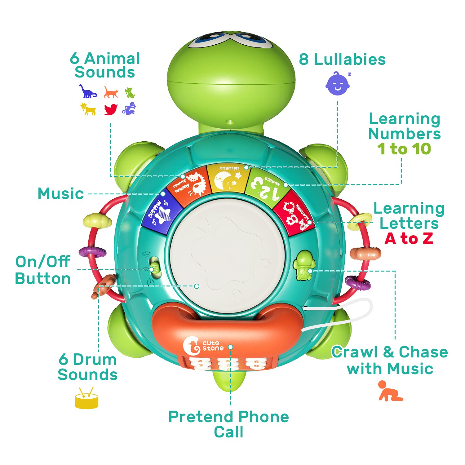 CUTE STONE Electric Action Toys, Baby Toys 6 to 12 Months, Musical Turtle Crawling Baby Toys for 12-18 Months, Early Learning Educational Toy with Light & Sound
