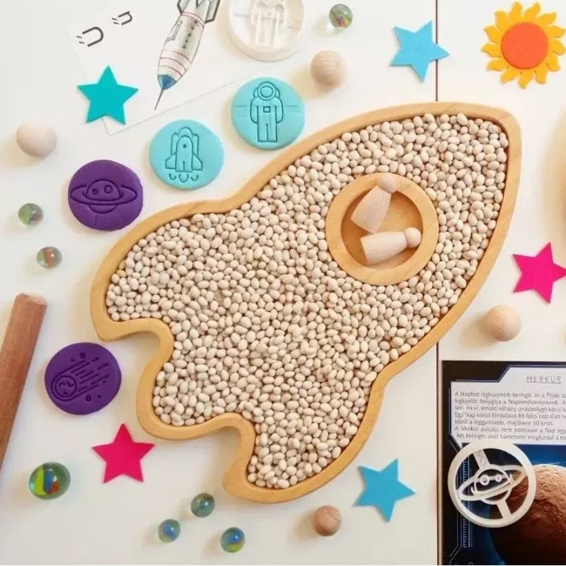 Wooden Spaceship Sensory Play Tray - Open ended wooden toys