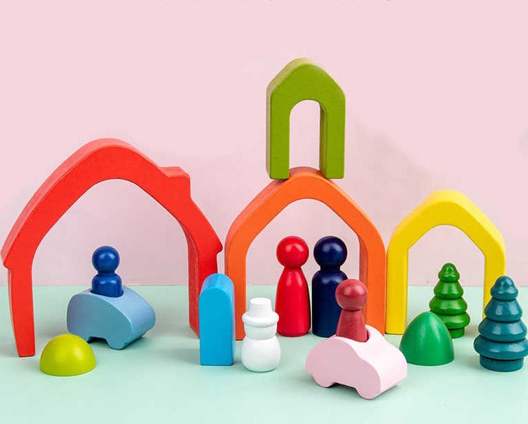 Open-Ended Play Set - Wooden House, Trees, People and Cars