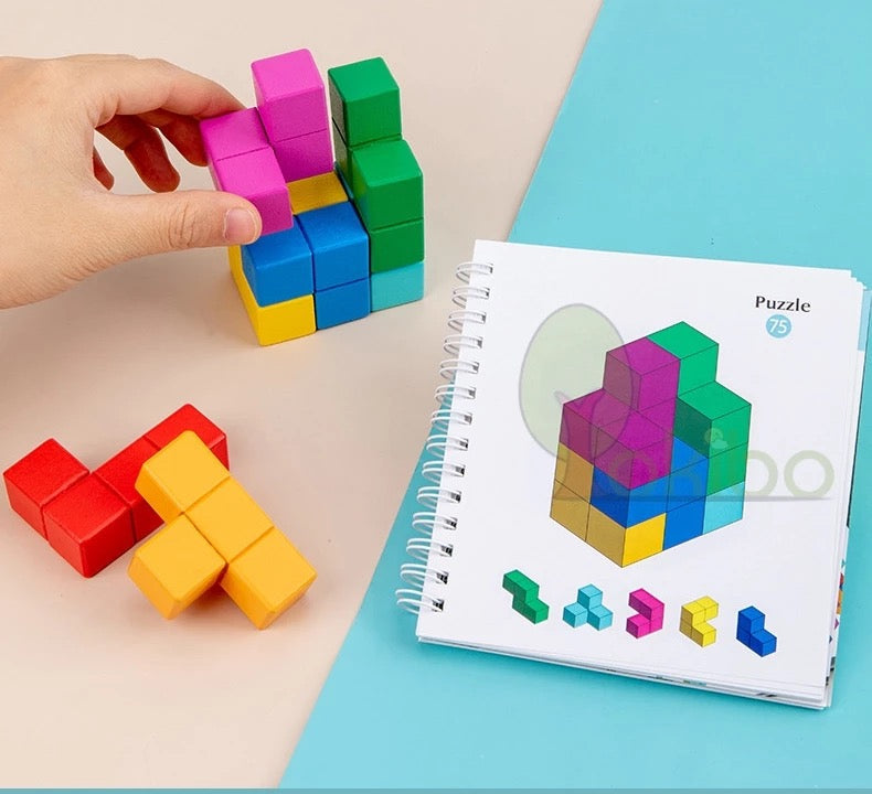 Wooden 3D Logical Puzzle Cube with Book - Open Ended Wooden Toys