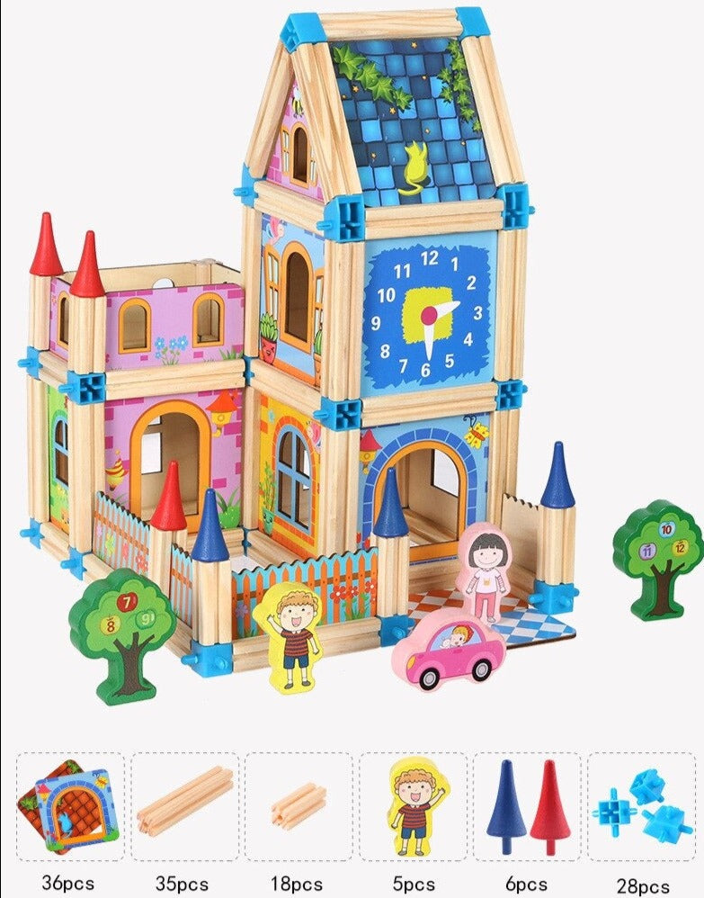 128 Pieces Wooden House Building Game - Open Ended Wooden Toys