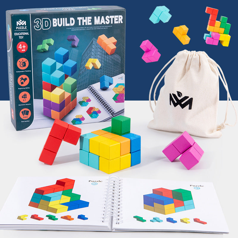 Wooden 3D Logical Puzzle Cube with Book - Open Ended Wooden Toys