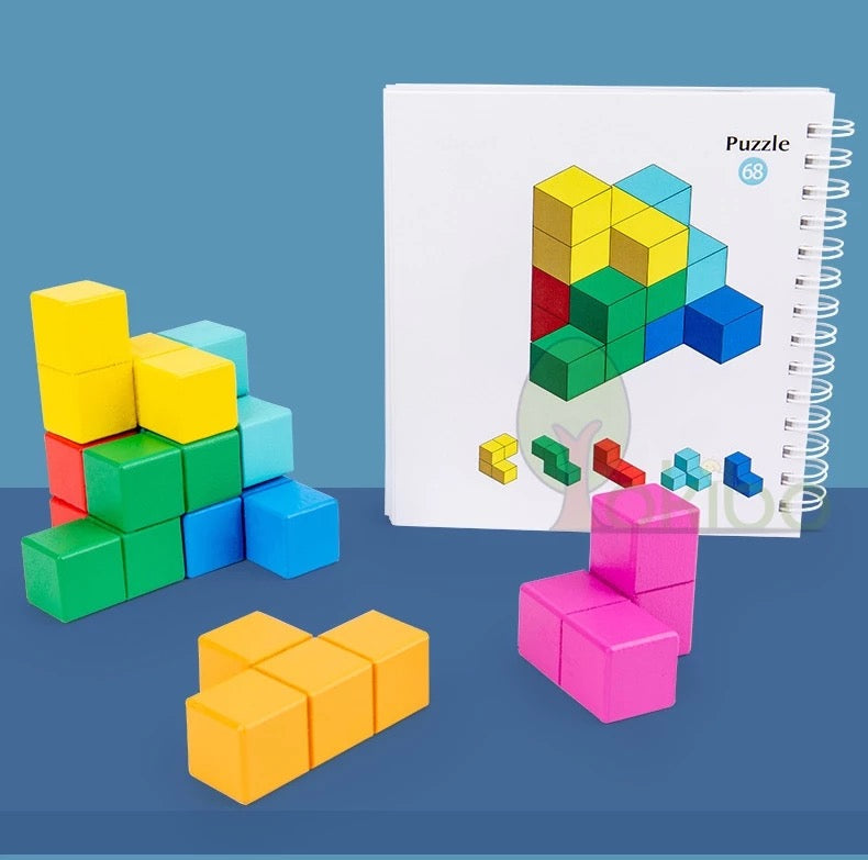 Wooden 3D Logical Puzzle Cube with Book - Open Ended Wooden Toys