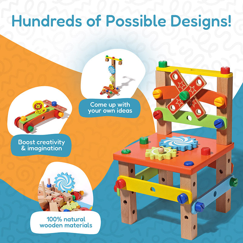 Fidtoy Wooden Tool Building Chair Set for Kids 3+