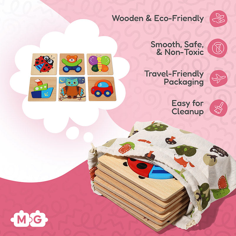 Fidtoy Wooden Toddler Puzzle Set – 6 Educational Puzzles for Kids 2+