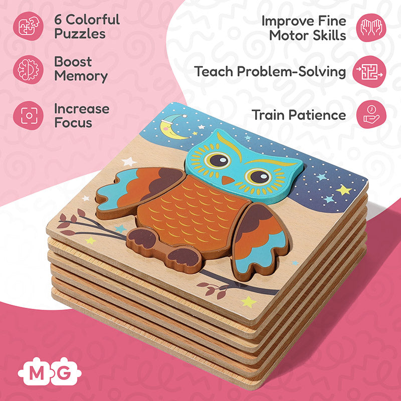 Fidtoy Wooden Toddler Puzzle Set – 6 Educational Puzzles for Kids 2+
