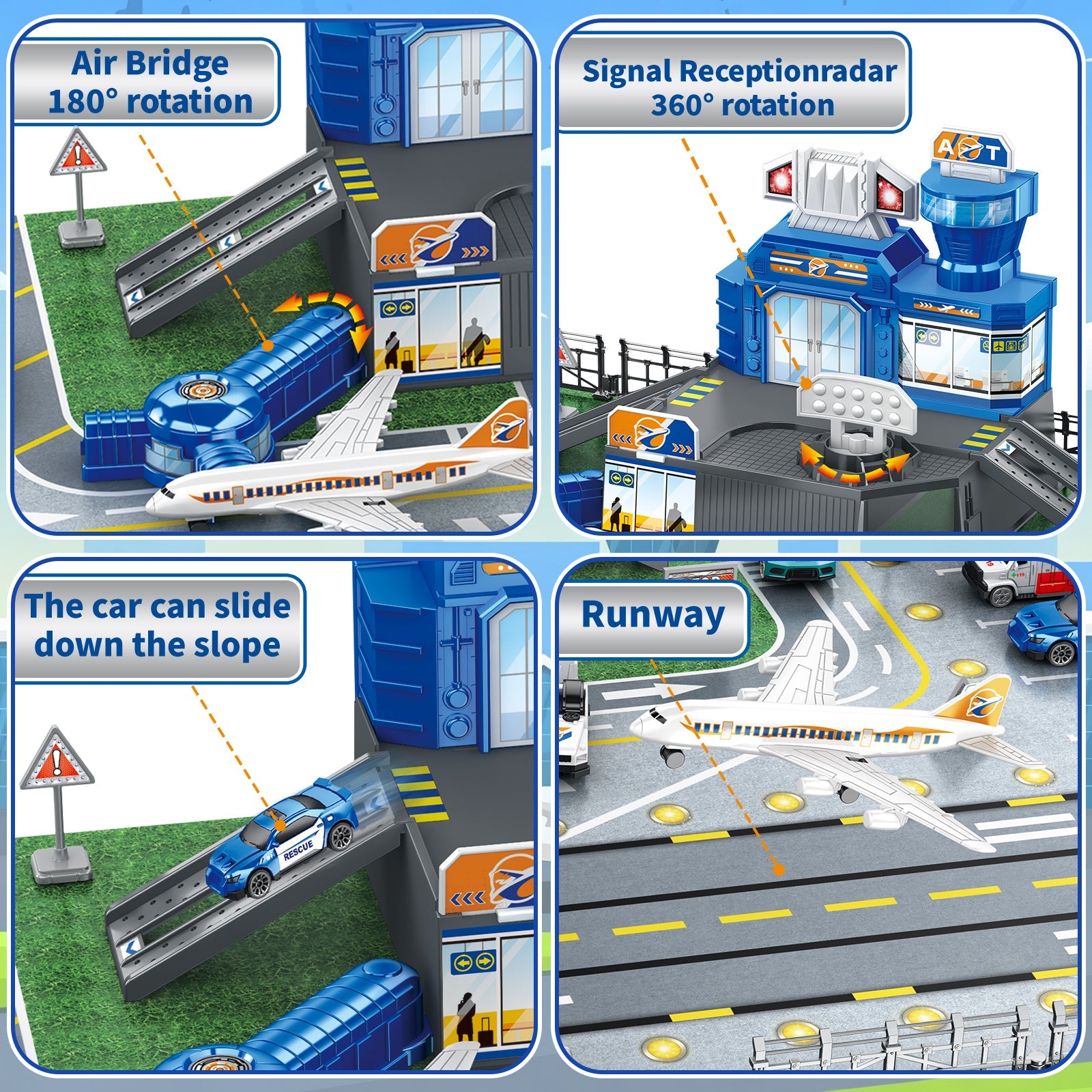 Interactive Aircraft Play Set for Kids with Big Battle Map Trucks aircraft tower and you get 2 airliners, 1 helicopter, aircraft trailer, aircraft lift, luggage truck, sports car, police car, ambulance and fire truck Military Toys for 3+