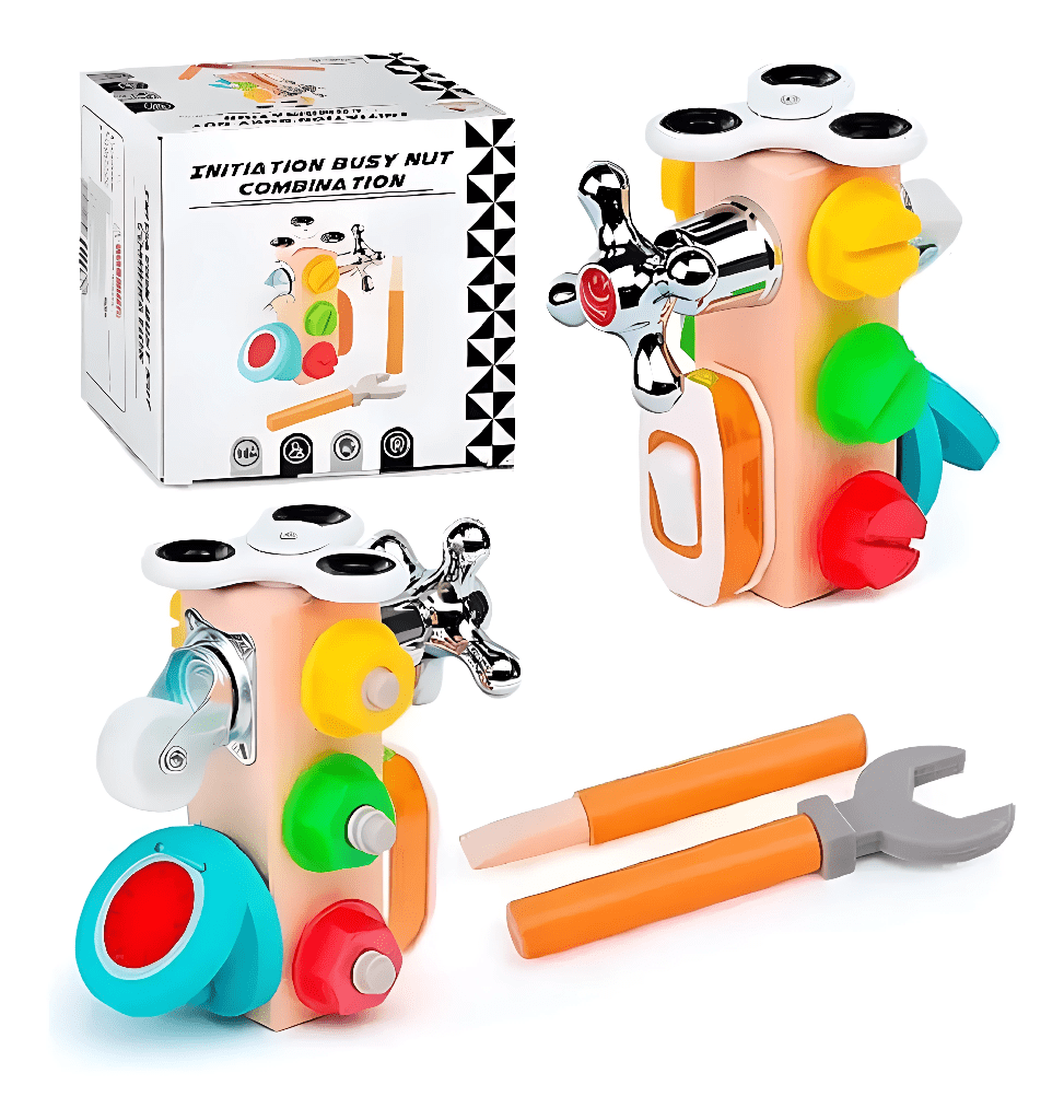 Fidtoy Wooden Activity Busy Cube Nut Combination Tool Kit for Kids | Montessori Screw & Nut Tower, Bolt Tool Set, Shape Sorting, Gears, Fine Motor Skills & Hand-Eye Coordination Toy Age 2+