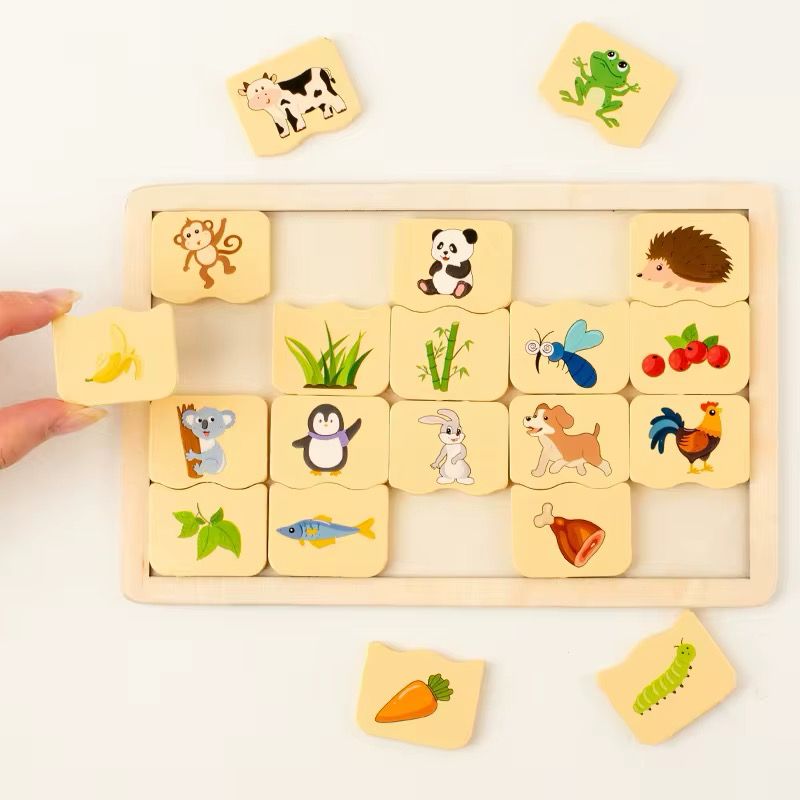 Montessori Animal and Food Matching Puzzle - Wooden Educational Toy for Toddlers and Preschoolers