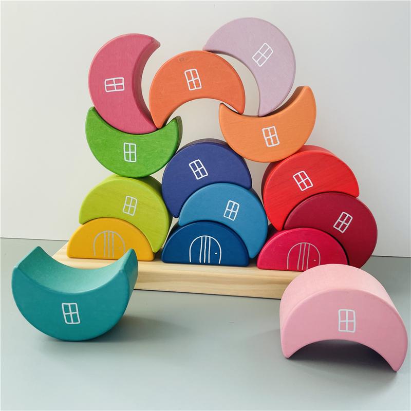 Fidtoy Wooden Moon Stacking Blocks Rainbow Balance Building Toy for Kids