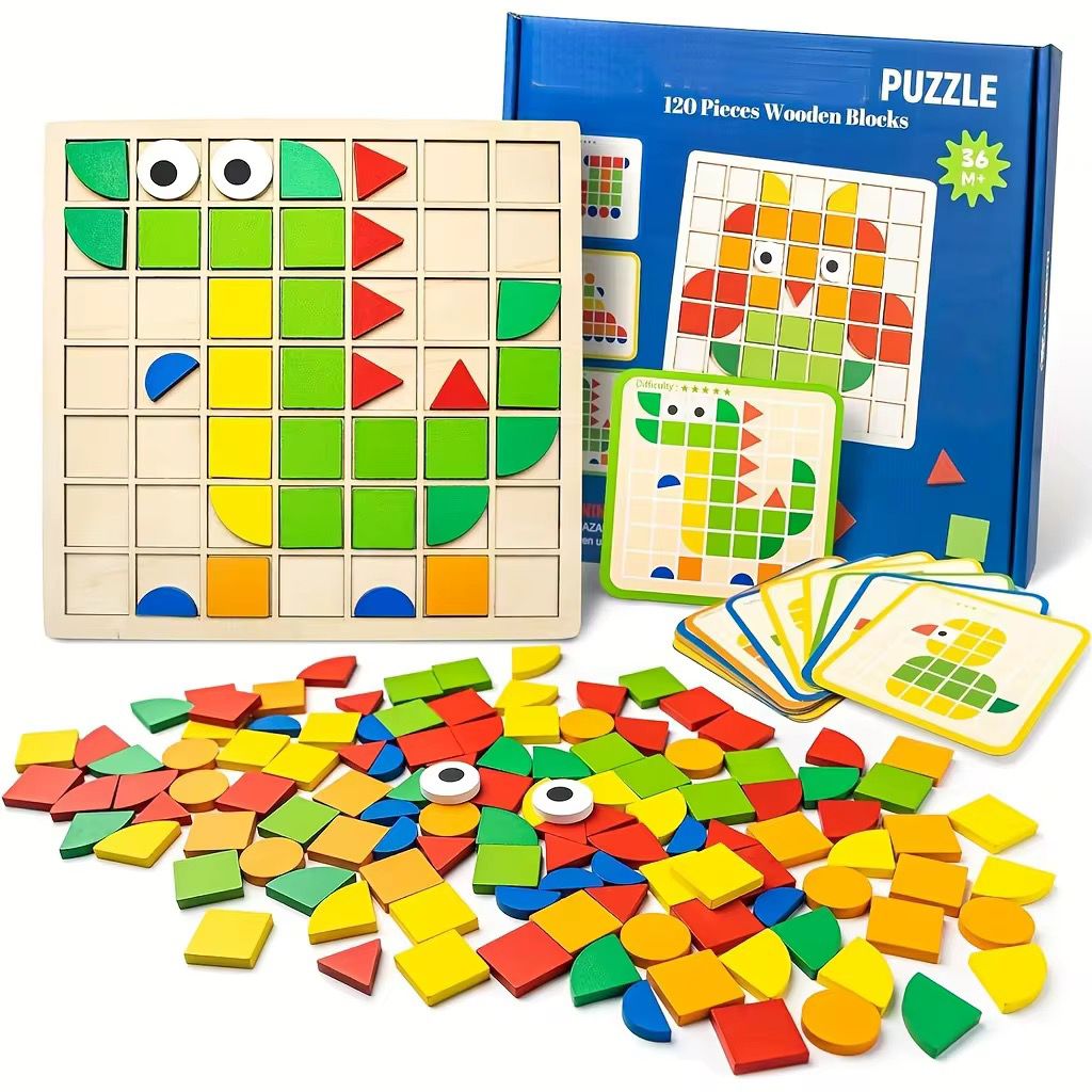 Wooden Mosaic Puzzle | 120-Piece Shape Pattern Blocks with Design Cards