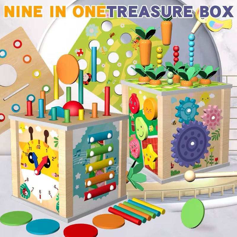 9-in-1 Montessori Wooden Activity Cube – Fine Motor, STEM and Sensory Learning Toy