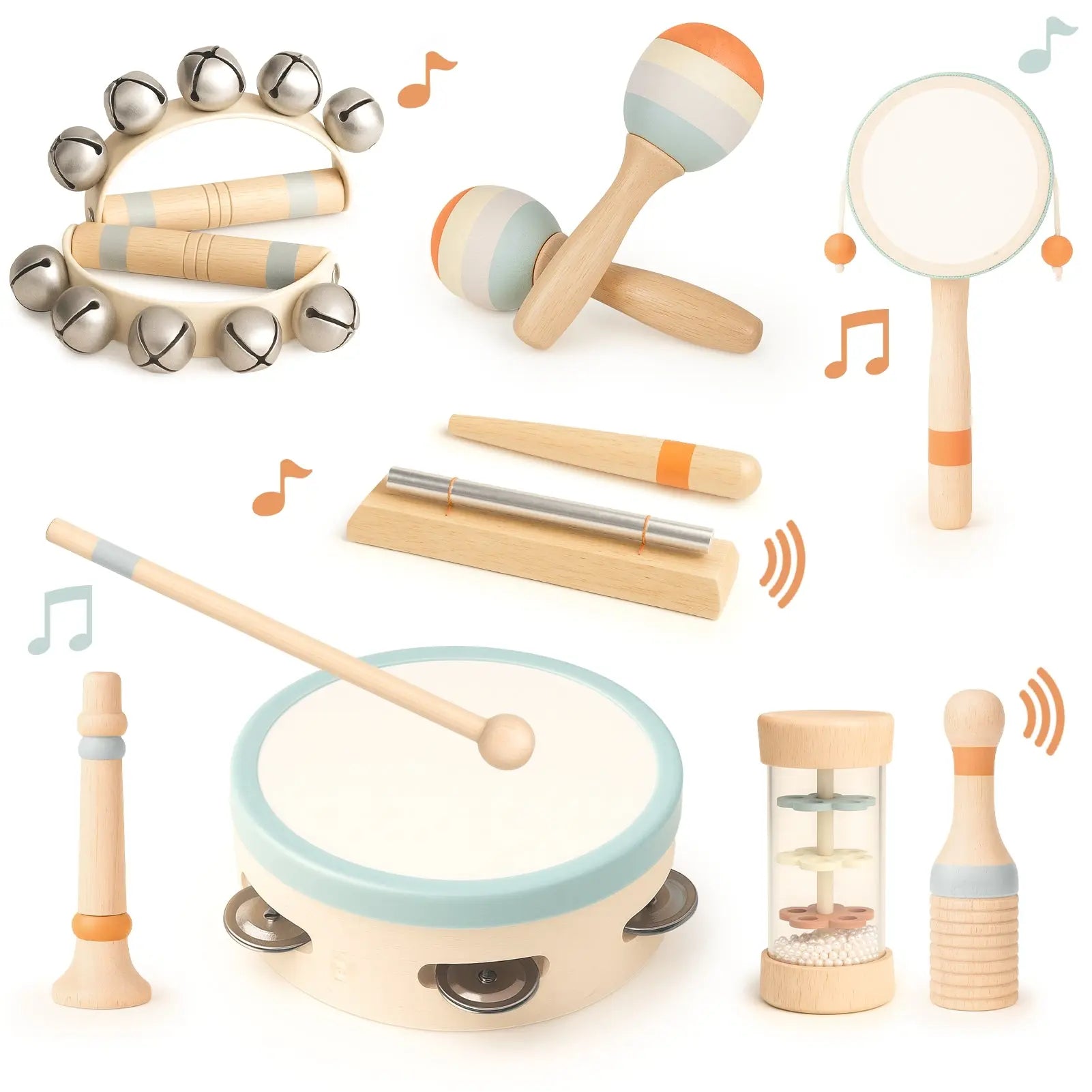 Fidtoy Juego de 8 instrumentos musicales de madera para niños pequeños, set de instrumentos de ritmo con tambor, campanas y maracas