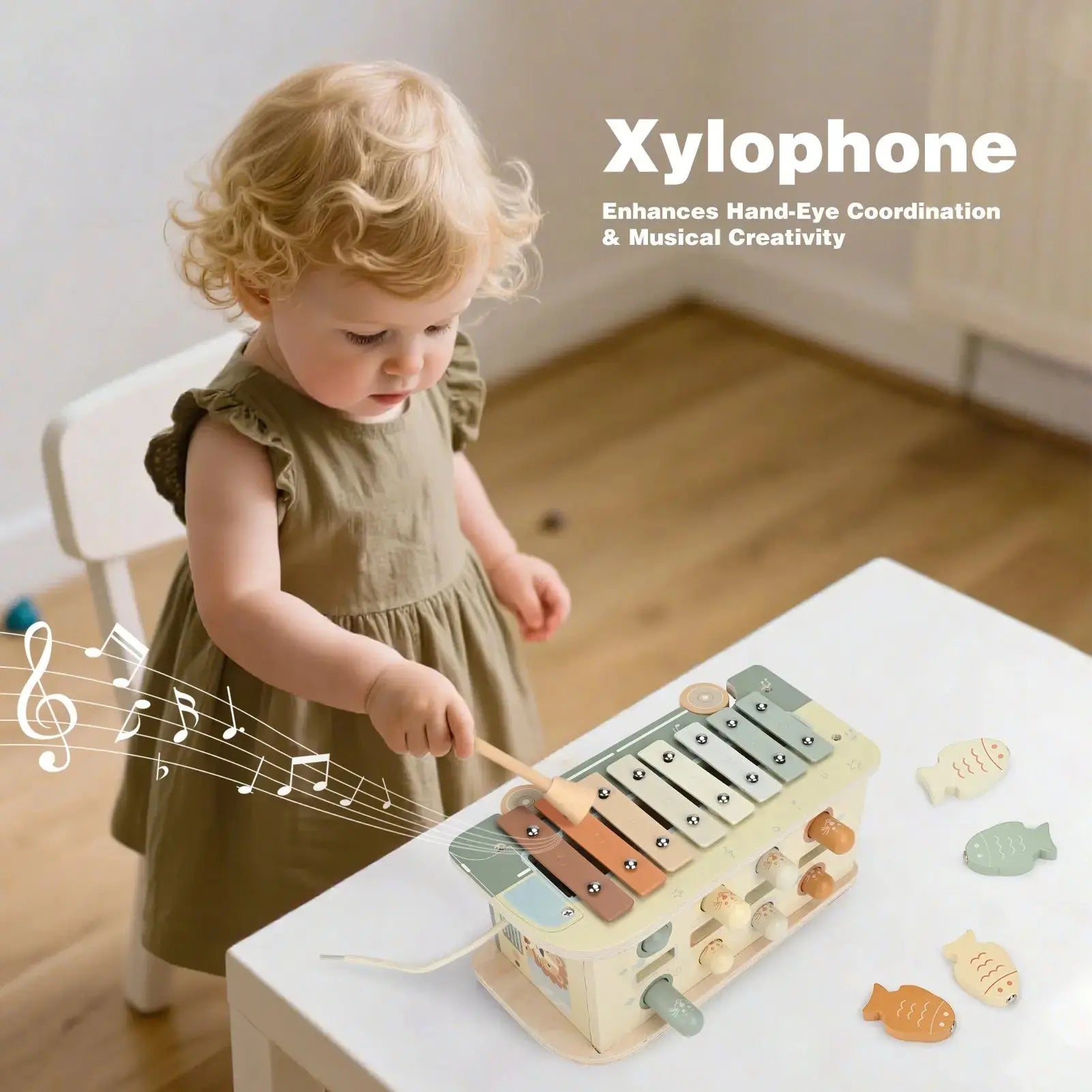 Fidtoy Montessori Hammering Toy 7-in-1 Wooden Activity Cube for Toddlers Musical Learning Toy