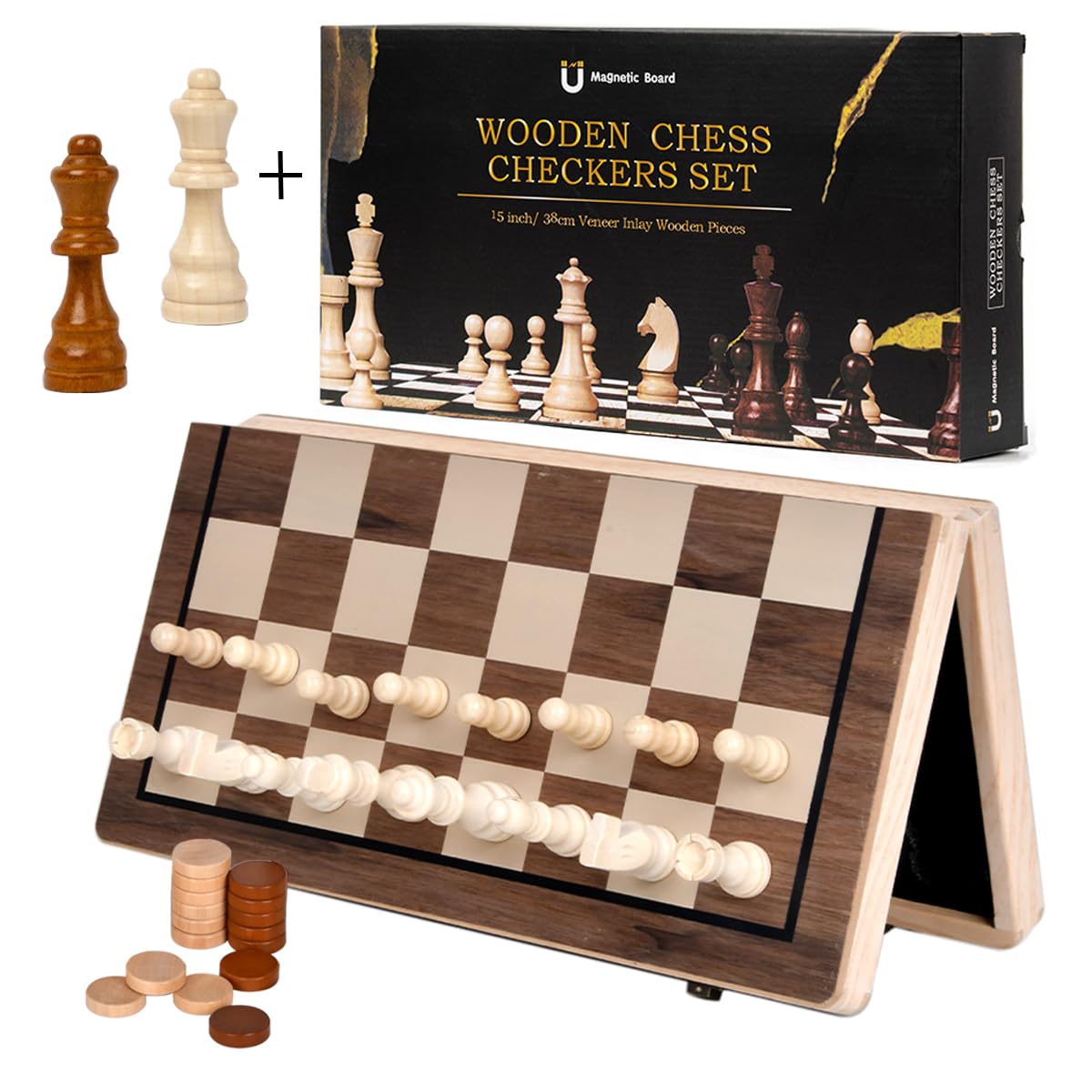 Premium Classic Wooden Chess & Checkers Set - Magnetic 2 in 1 Wooden Chess & Checkers Set