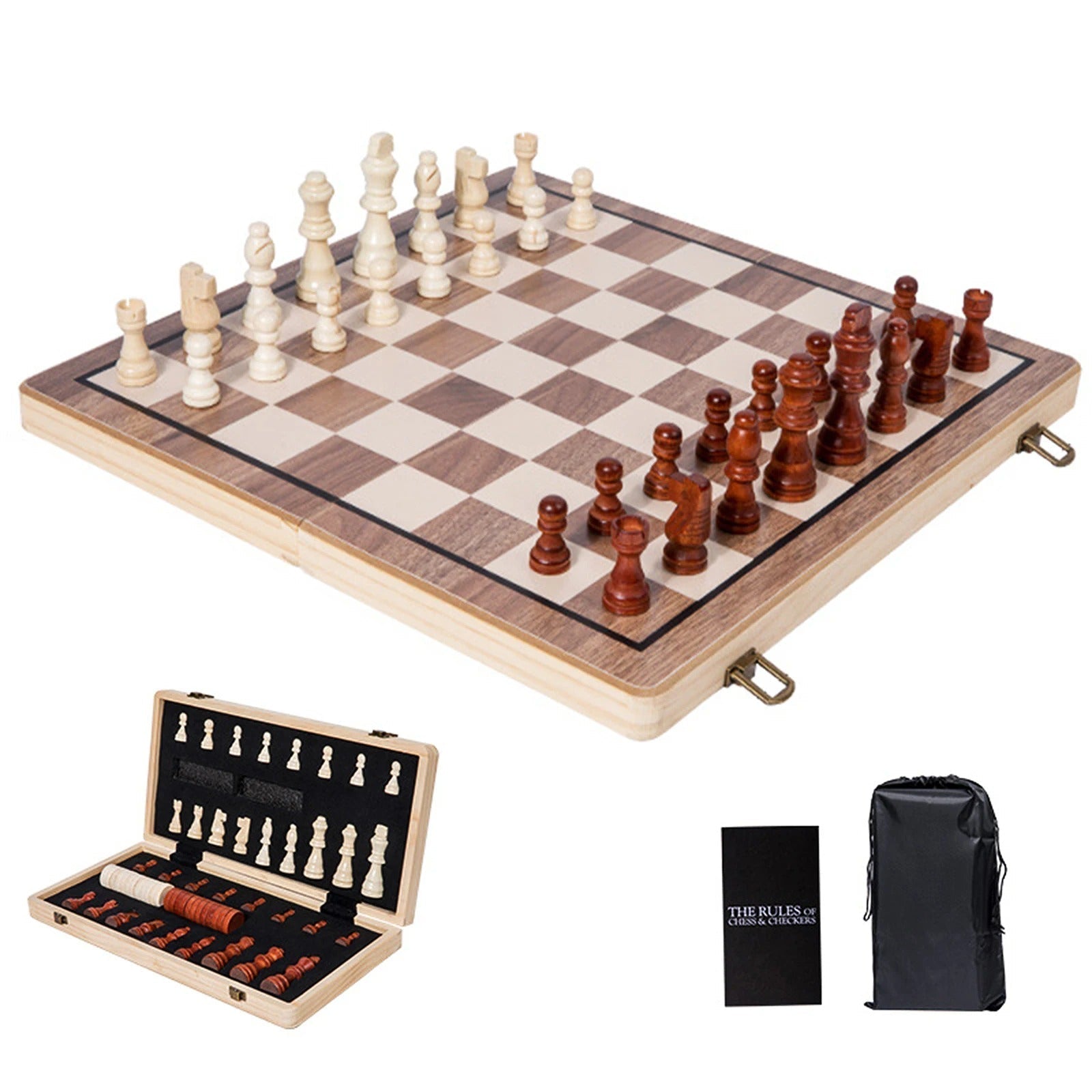 Premium Classic Wooden Chess & Checkers Set - Magnetic 2 in 1 Wooden Chess & Checkers Set