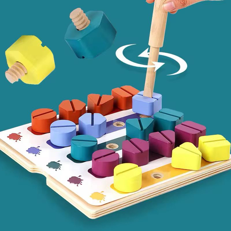 Montessori Wooden Screw Board | Rainbow Nut Shape Sorting and Matching Toy
