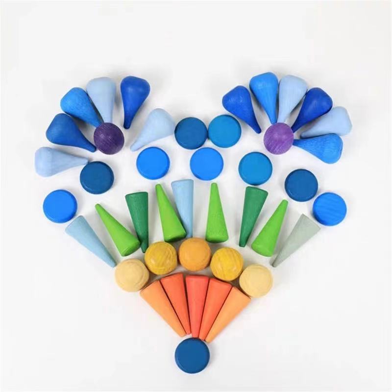 Rainbow Wooden Loose Parts with Tray - Open ended wooden toys