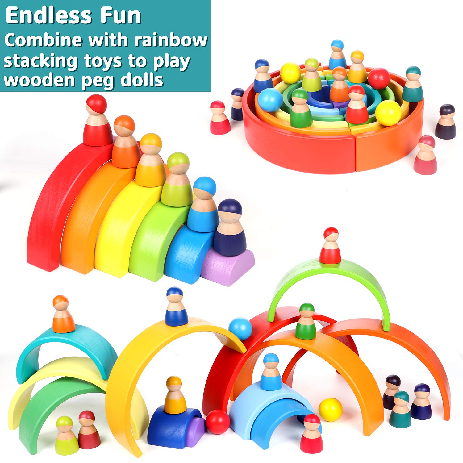 Wooden Rainbow Toys Set - Open endend play collection
