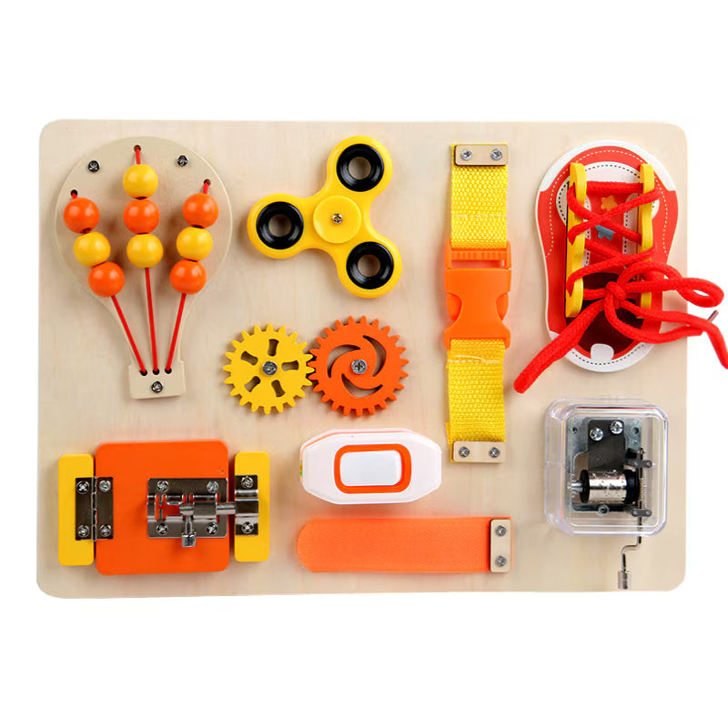 Tableau d'activités sensoriel en bois « Montgolfière » à 9 fonctions
