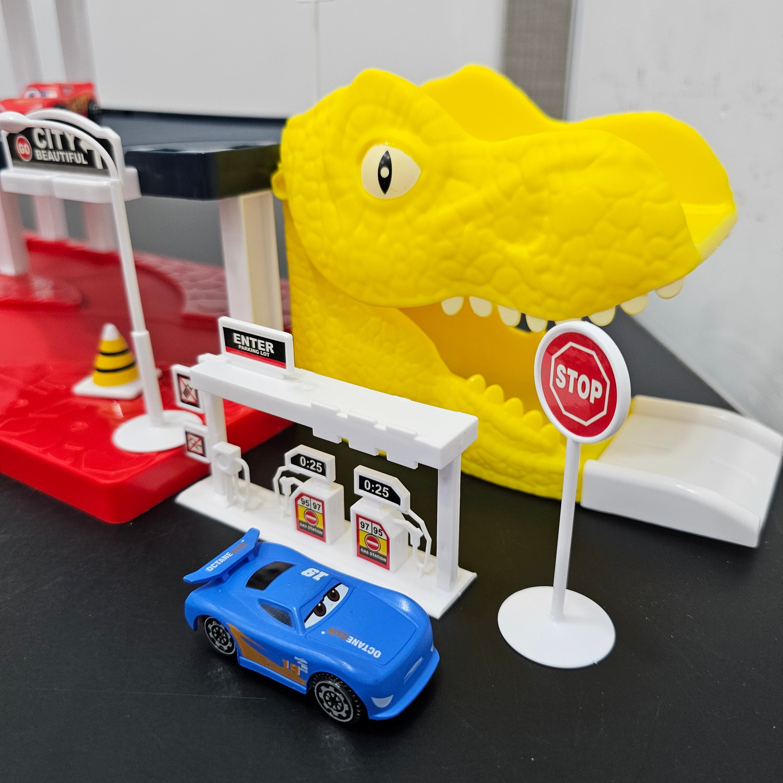 Driven to Win – Cars Parking Lot Playset with 4 Cars, Gas Station & Service Station | Bacha Toys