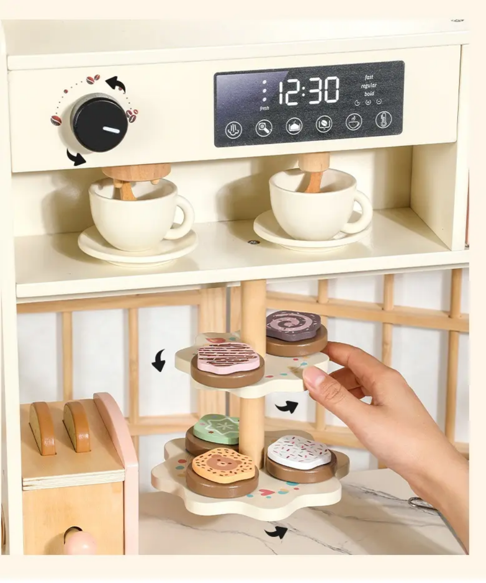 Premium Wooden Pretend Play Kitchen Set with Washer, Coffee Maker, Toaster & Dessert Tray – Montessori Role Play Cooking Set (No Real Water)