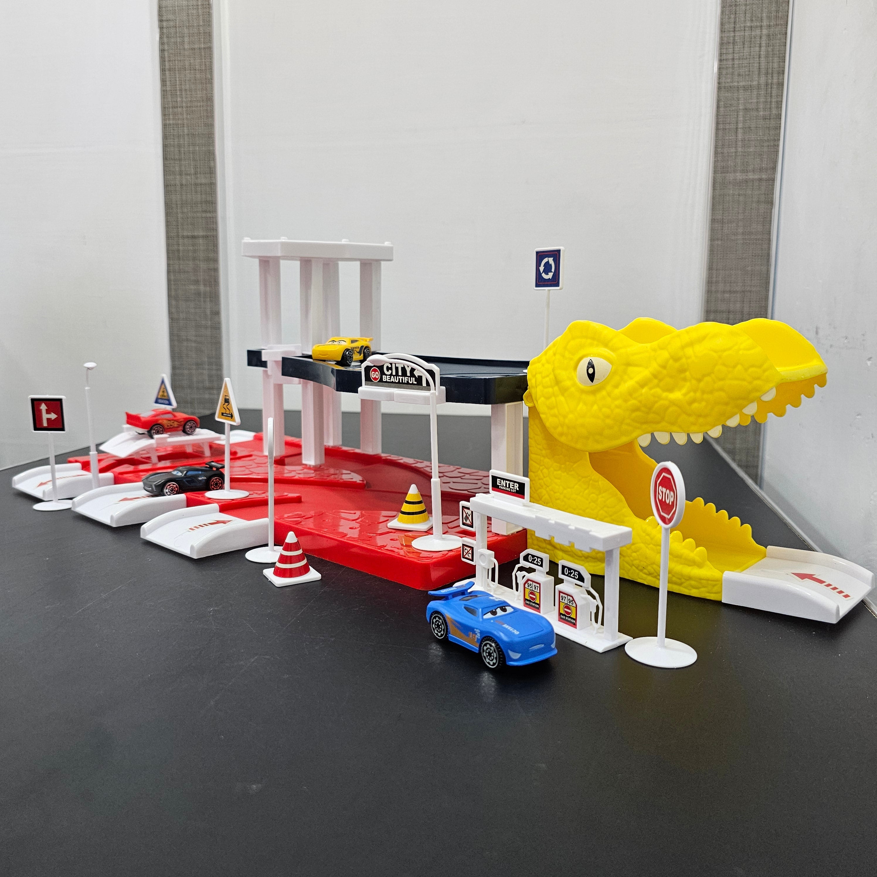 Driven to Win – Cars Parking Lot Playset with 4 Cars, Gas Station & Service Station | Bacha Toys