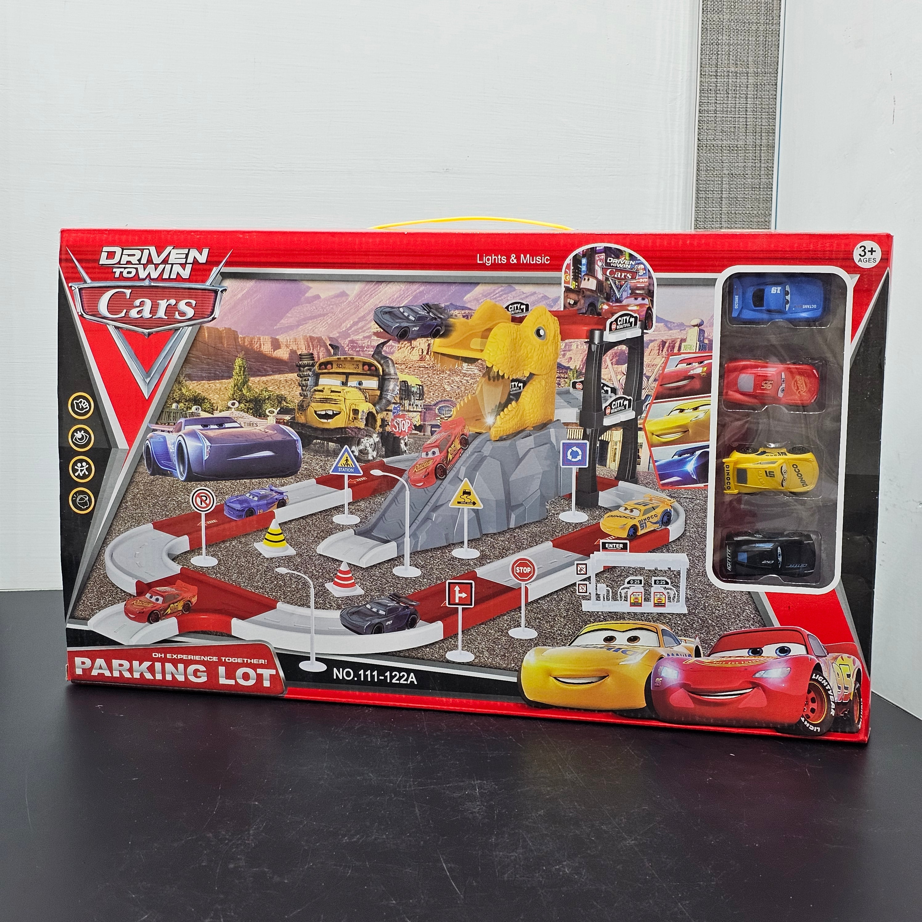 Driven to Win – Cars Parking Lot Playset with 4 Cars, Gas Station & Service Station | Bacha Toys