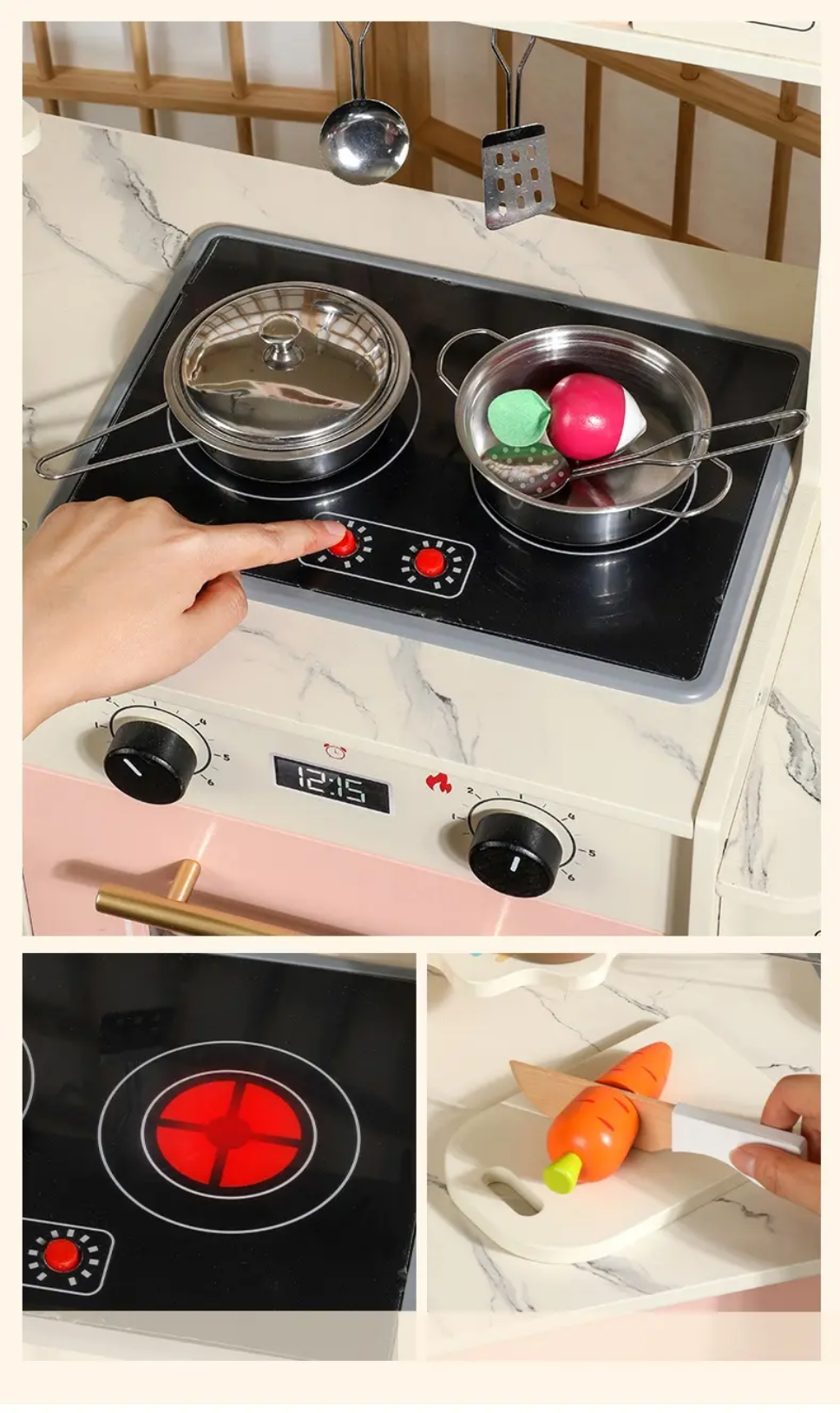 Premium Wooden Pretend Play Kitchen Set with Washer, Coffee Maker, Toaster & Dessert Tray – Montessori Role Play Cooking Set (No Real Water)