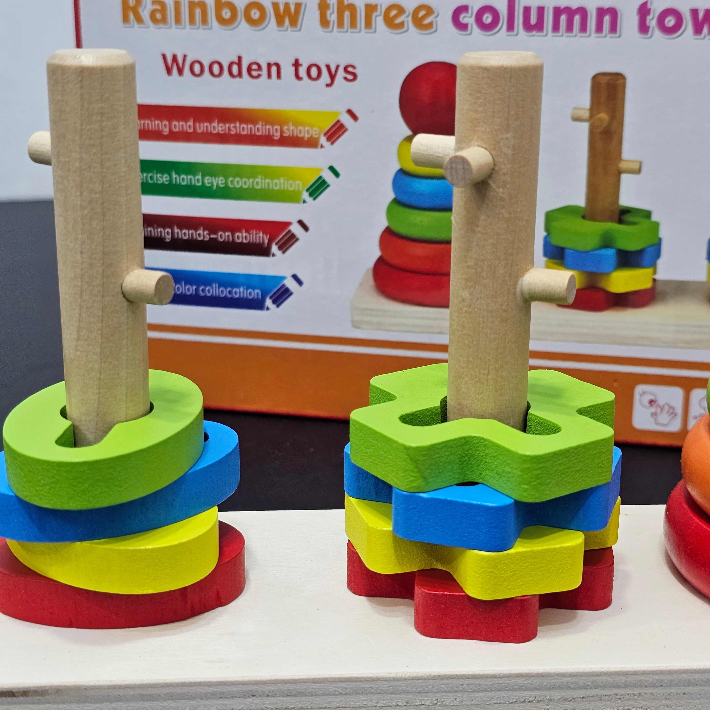Rainbow Three Column Tower – Montessori Wooden Stacking Toy | Bacha Toys