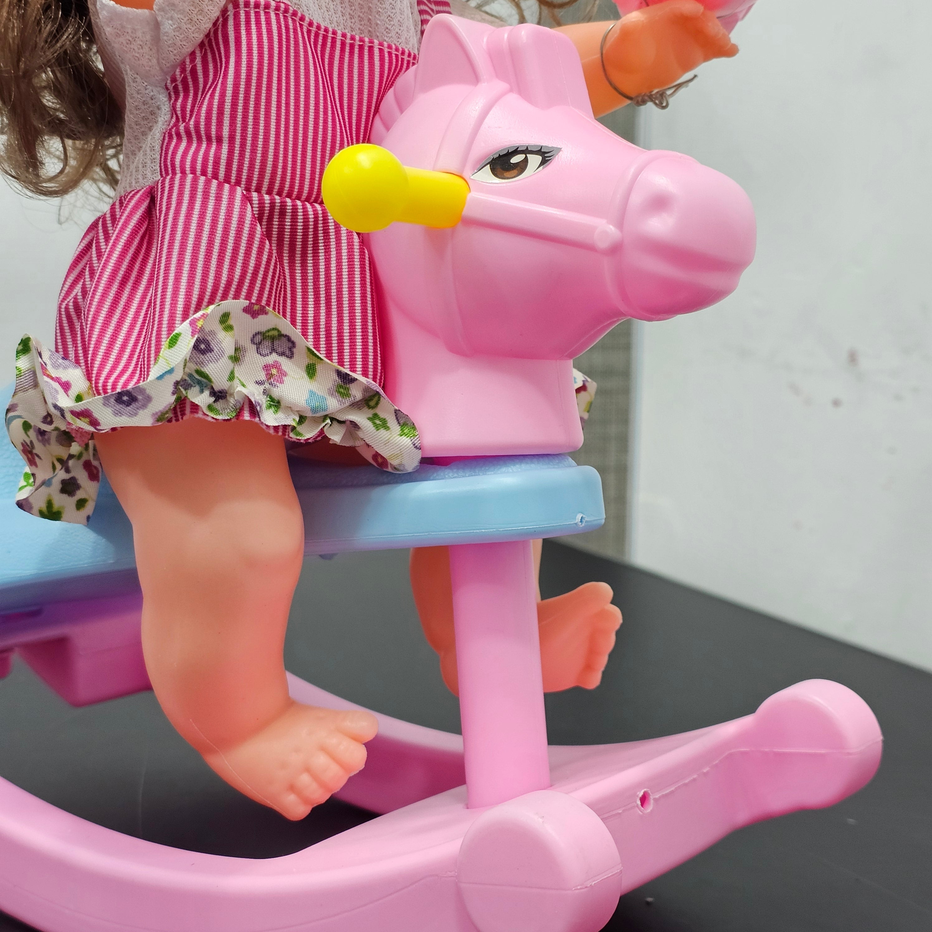 Cute Fun Doll with Rocking Horse – 12 Sounds, Drinking Bottle, Flexible Hands & Interactive Play | Bacha Toys