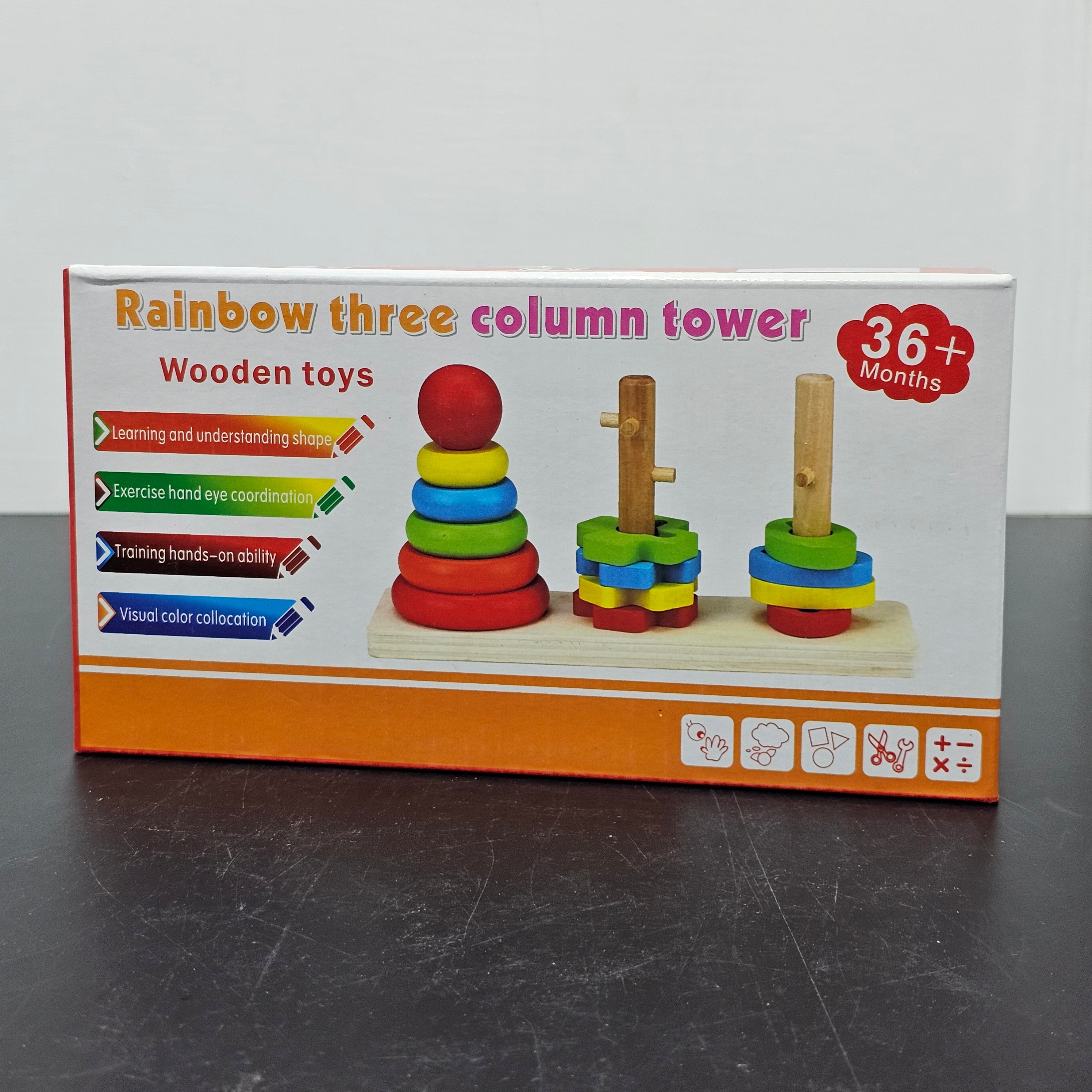 Rainbow Three Column Tower – Montessori Wooden Stacking Toy | Bacha Toys
