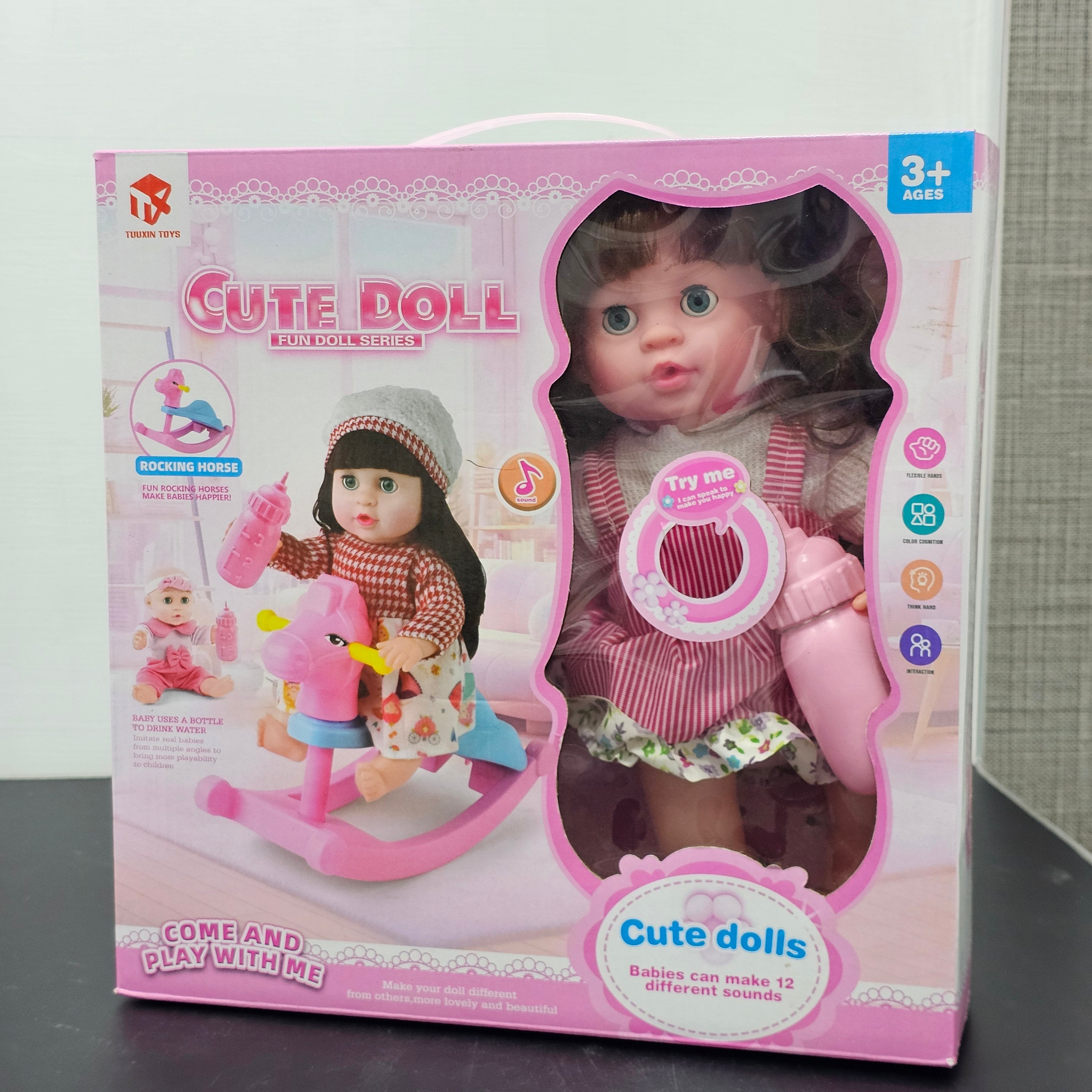 Cute Fun Doll with Rocking Horse – 12 Sounds, Drinking Bottle, Flexible Hands & Interactive Play | Bacha Toys