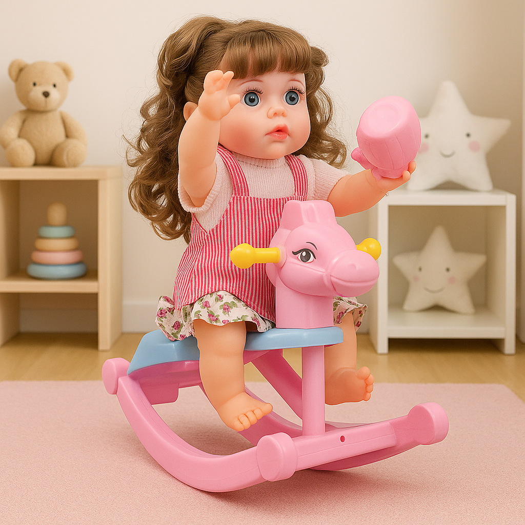 Cute Fun Doll with Rocking Horse – 12 Sounds, Drinking Bottle, Flexible Hands & Interactive Play | Bacha Toys