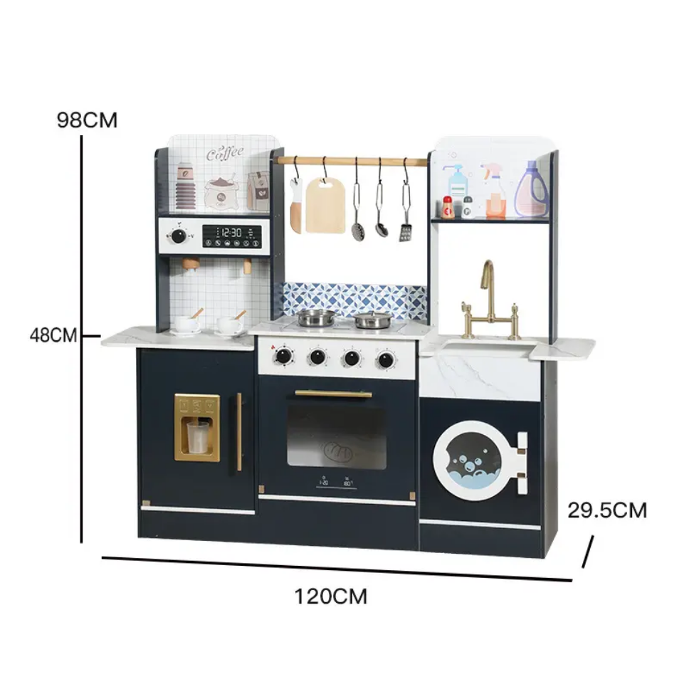 Wooden Pretend Play Kitchen Set with Coffee Maker, Oven & Washing Machine – 120 cm Large Montessori Playset for Kids
