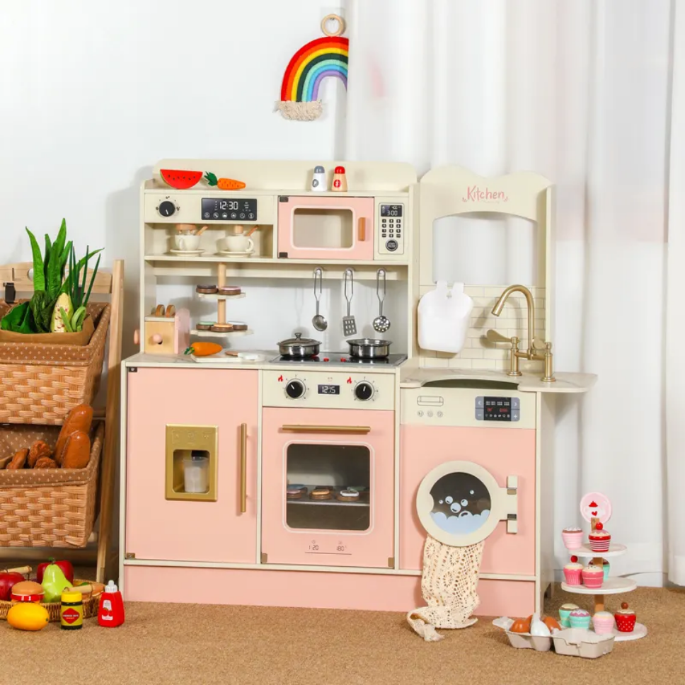 Premium Wooden Pretend Play Kitchen Set with Washer, Coffee Maker, Toaster & Dessert Tray – Montessori Role Play Cooking Set (No Real Water)