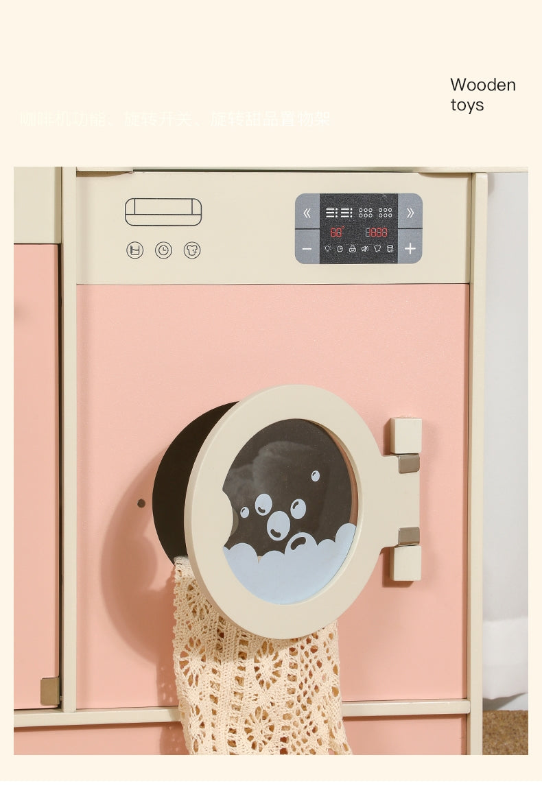 Premium Wooden Pretend Play Kitchen Set with Washer, Coffee Maker, Toaster & Dessert Tray – Montessori Role Play Cooking Set (No Real Water)