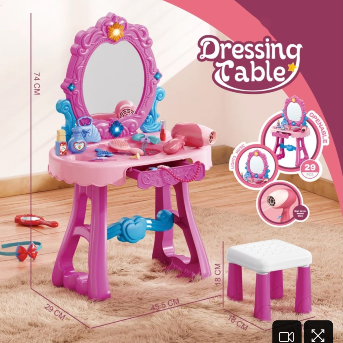 Kids Dressing Table with Stool & Makeup Accessories – Princess Vanity Set - Bacha Toys
