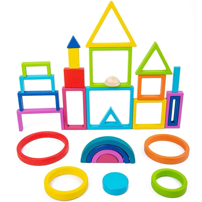 Rainbow Stacking and Nesting Wooden Blocks – Montessori-Inspired Shape Sorting Toy for Toddlers