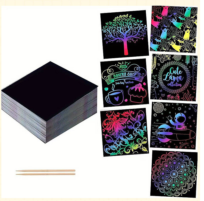 100 Sheets 9cm x 9cm Fluro Scratching Paper Art Kit