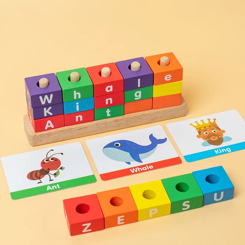 Five Pillars Spelling Game – Wooden Word Building Toy for Early Literacy and Language Development