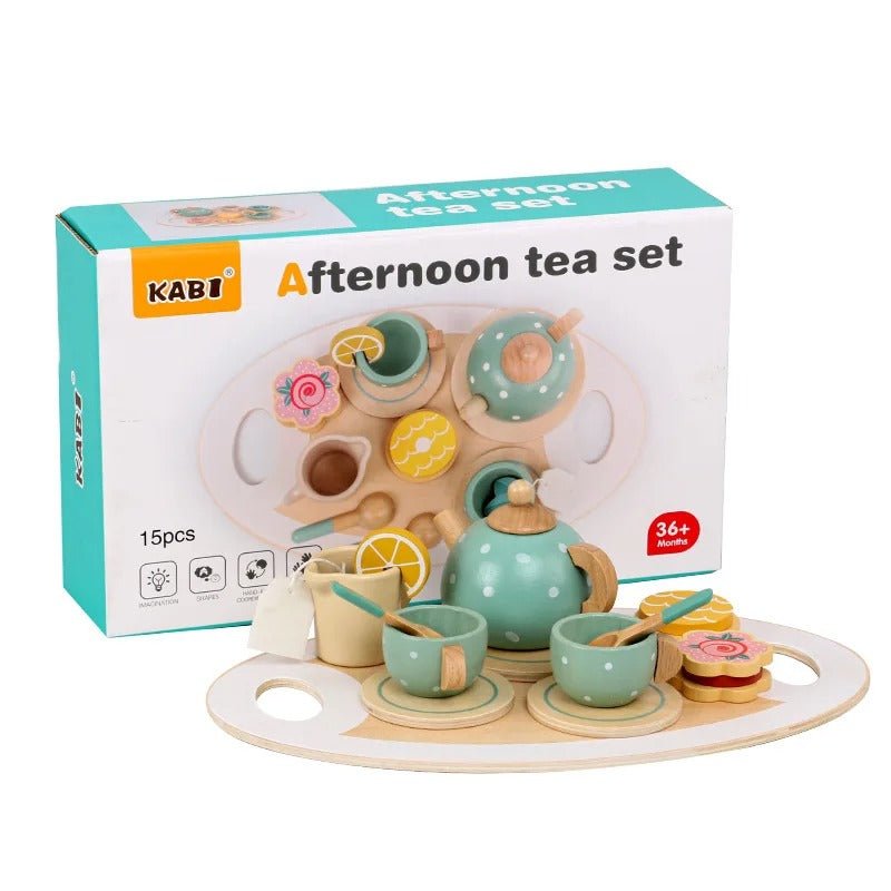Tea Party Tableware Wooden Handicraft Toy Kitchen Pretend Play Set for Toddlers Kids