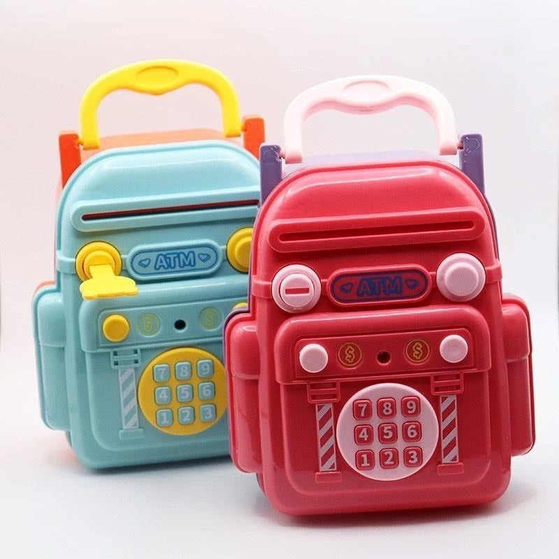 Fidtoy Kids Mini ATM Safe Box Backpack Shape Savings Bank Toy with Key Password Lock Music Blue or Pink for Children