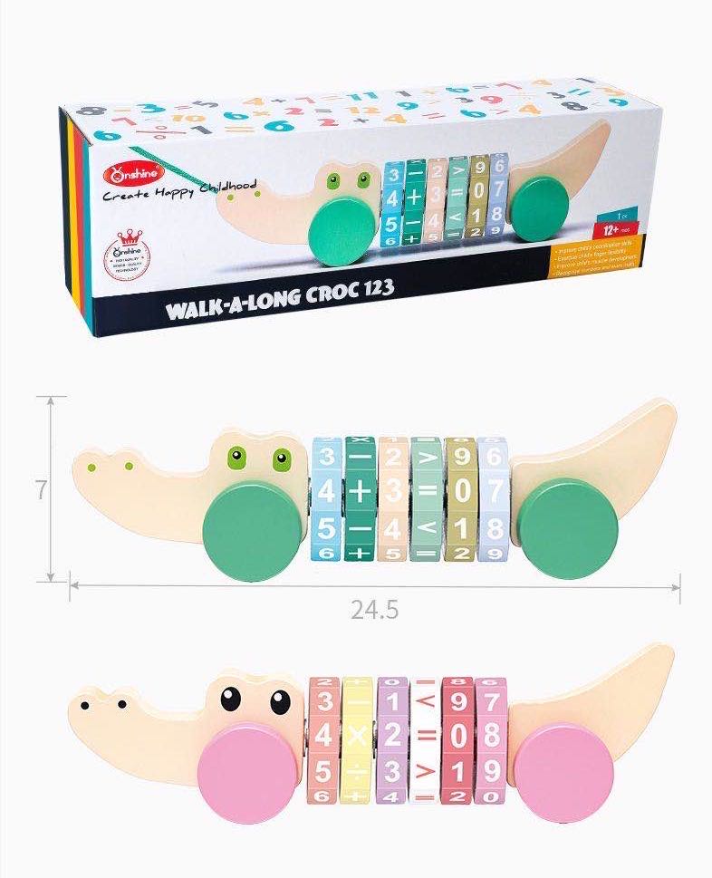 Onshine Wooden Walk-a-long Croc Wooden Pull toys Green/Pink- Fine motor skills toys