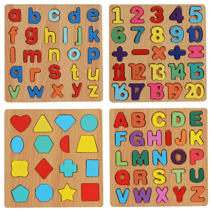 Wooden 3D Alphabets, Numbers, Shapes & Maths Board - 4 in 1 Combo